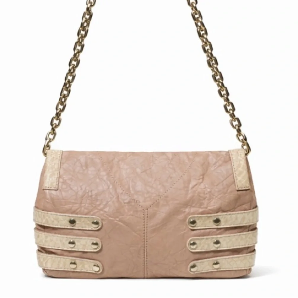 Jimmy Choo Tan Embossed Leather Shoulder Bag Gold Chain clutch - Picture 12 of 15